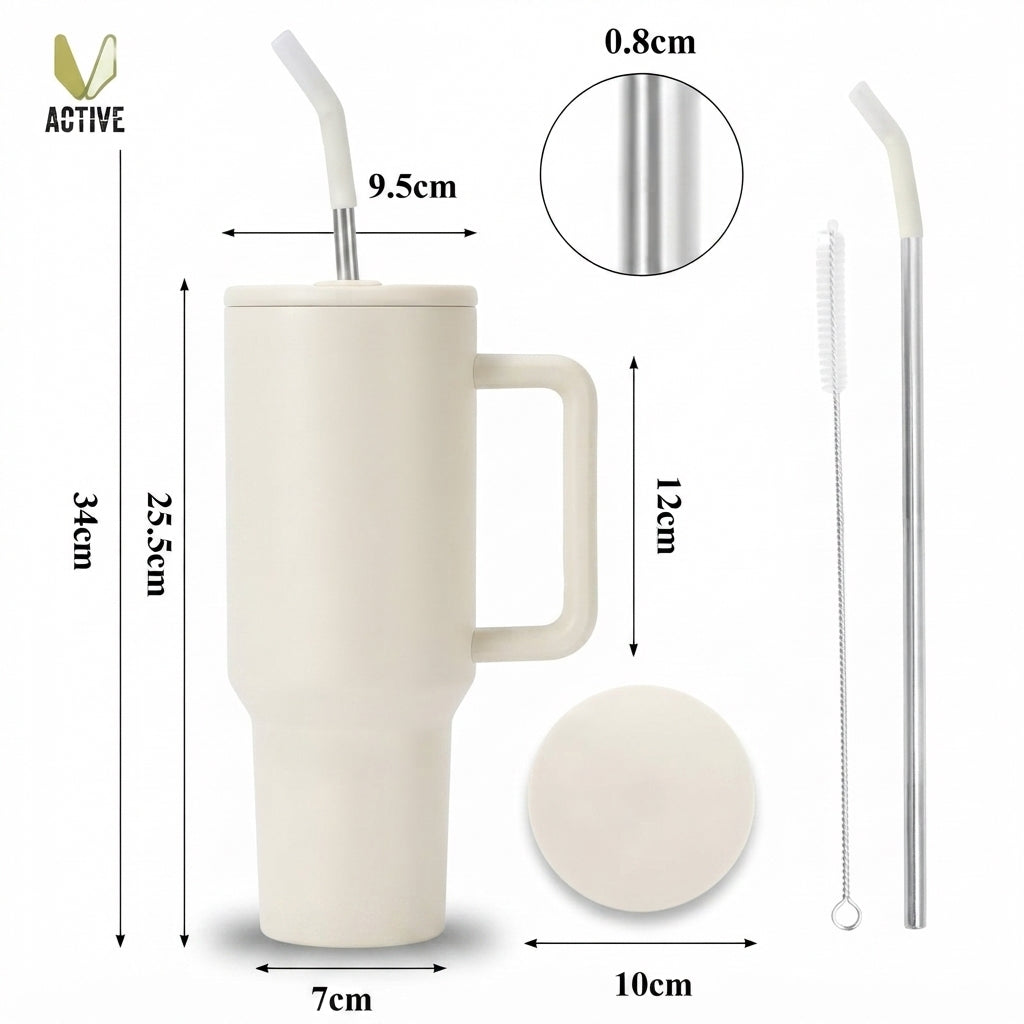 Large Vacuum Tumbler with Handle and Straw - Cream - Meru Trophy corporate gifting