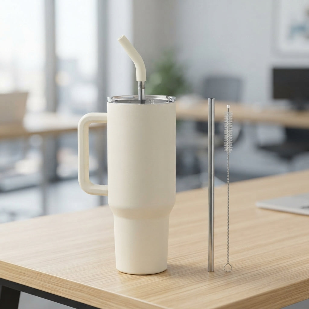 Large Vacuum Tumbler with Handle and Straw - lifestyle - Meru Trophy corporate gifting