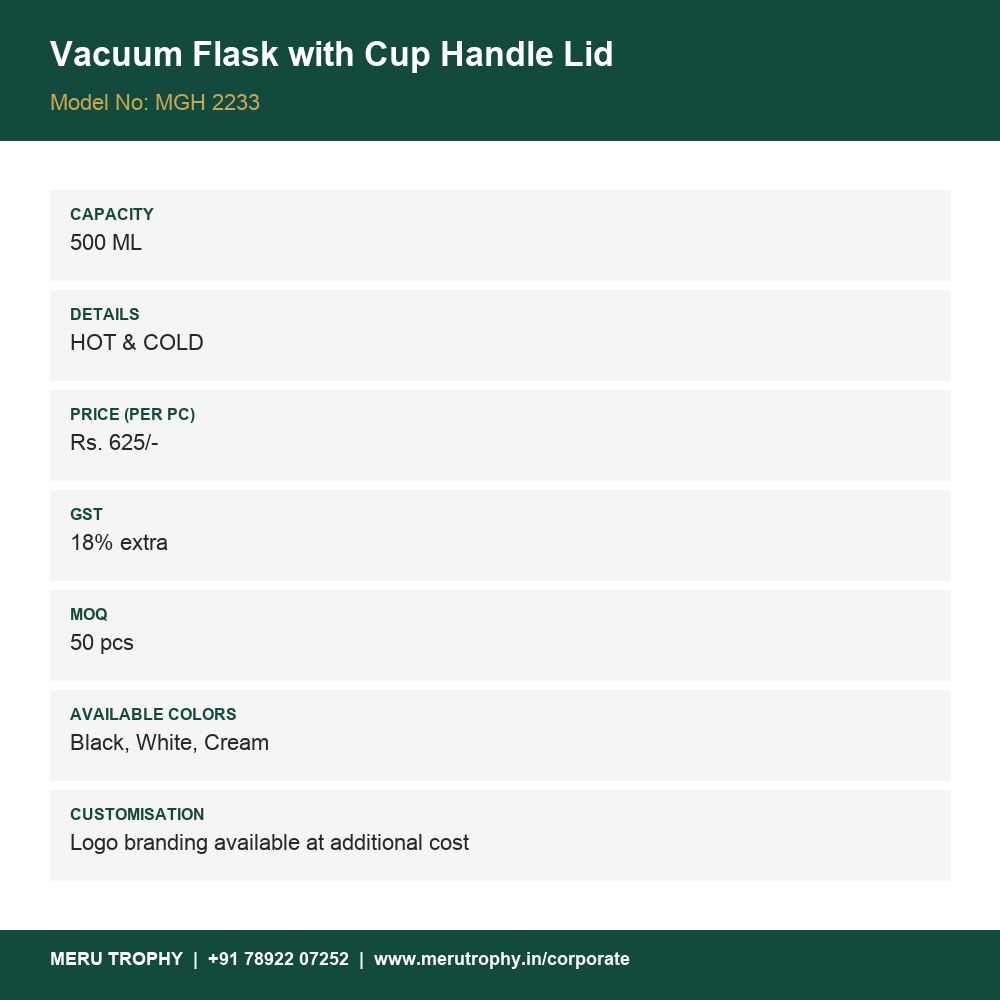 Vacuum Flask with Cup Handle Lid - spec card - Meru Trophy corporate gifting