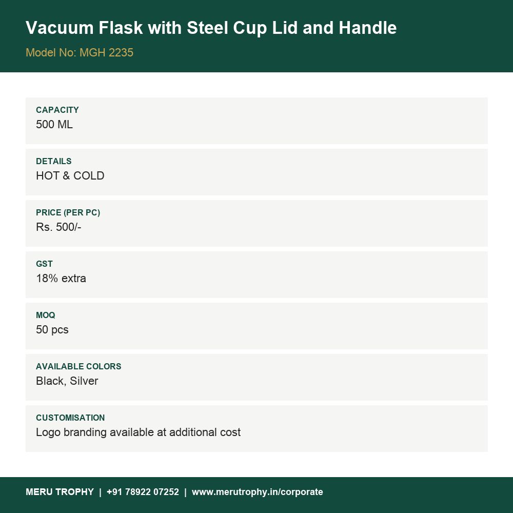 Vacuum Flask with Steel Cup Lid and Handle - spec card - Meru Trophy corporate gifting
