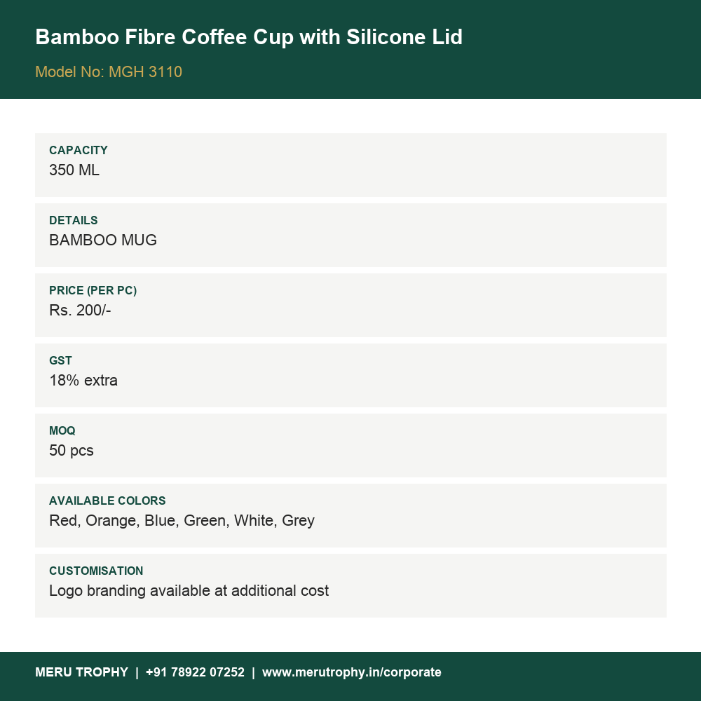 Bamboo Fibre Coffee Cup with Silicone Lid - details - Meru Trophy corporate gifting
