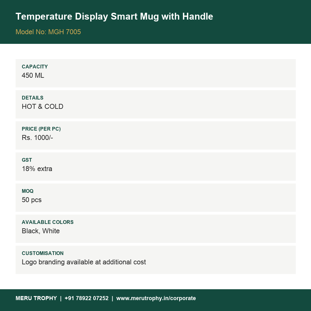 Temperature Display Smart Mug with Handle - product details - Meru Trophy corporate gifting