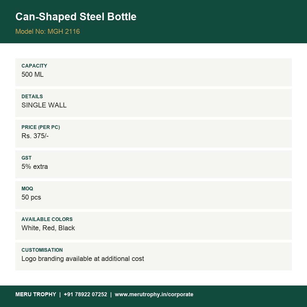 Can-Shaped Steel Bottle - product details card - Meru Trophy corporate gifting