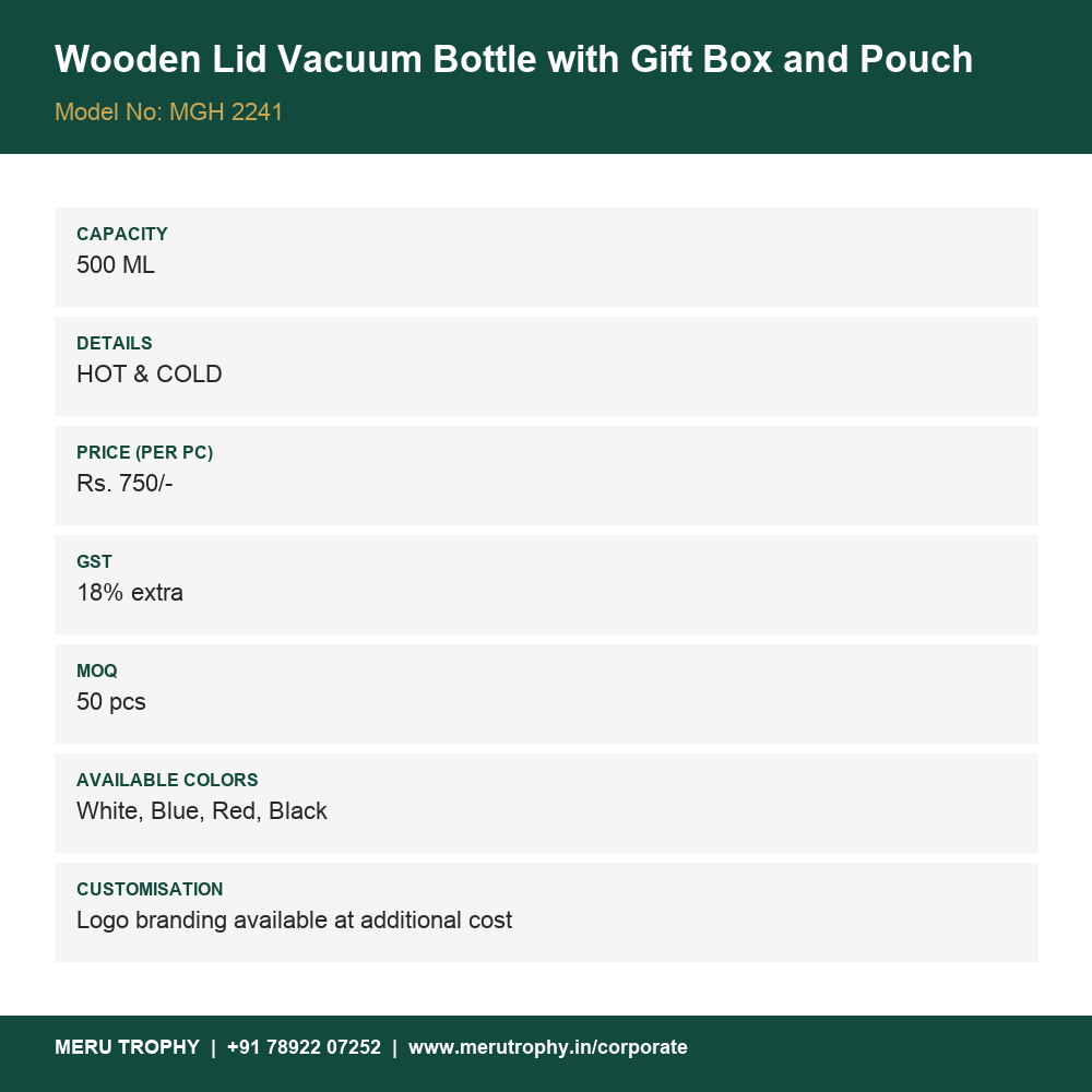 Wooden Lid Vacuum Bottle with Gift Box and Pouch - product details card - Meru Trophy corporate gifting