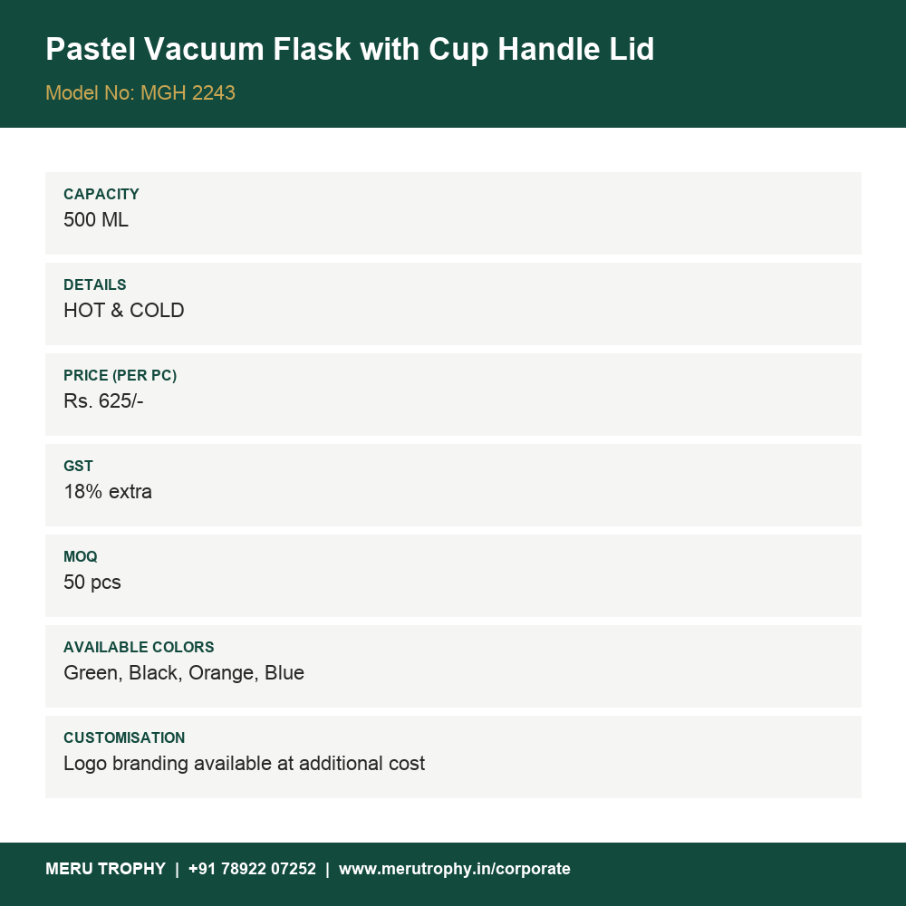 Pastel Vacuum Flask with Cup Handle Lid - product details card - Meru Trophy corporate gifting
