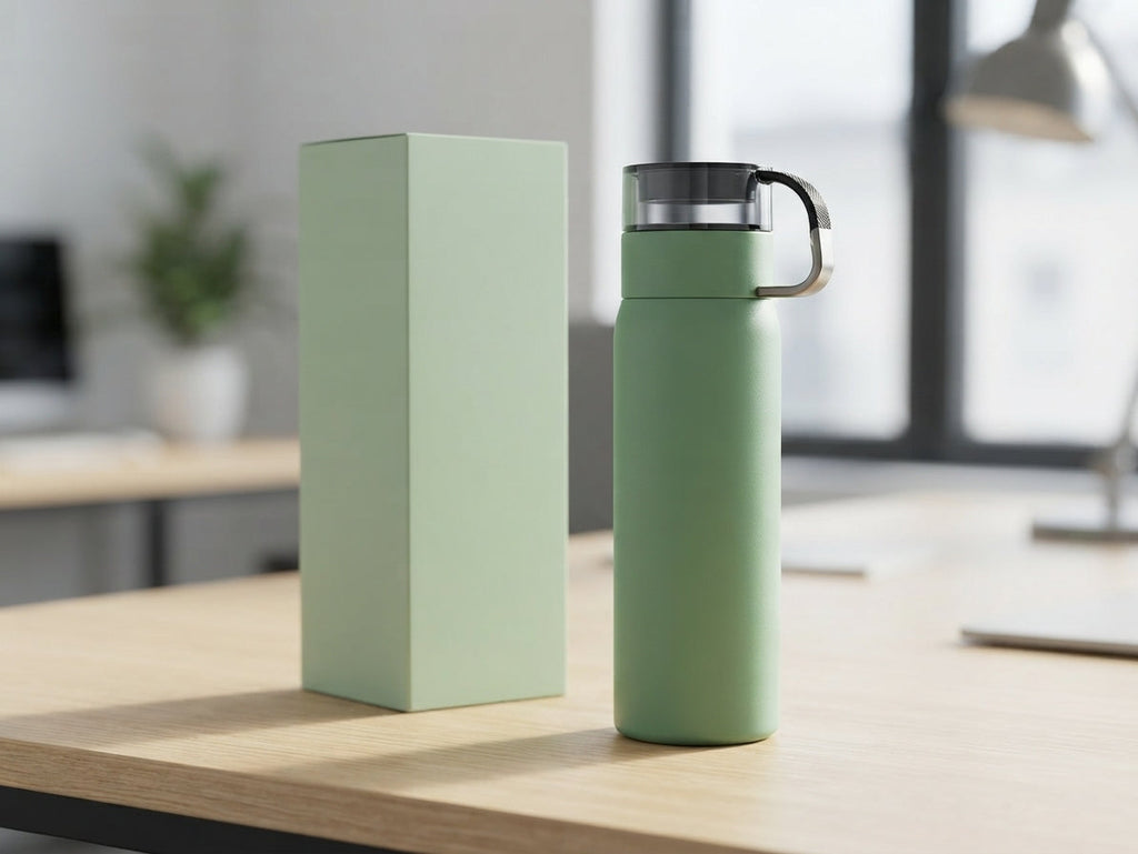 Pastel Vacuum Flask with Cup Handle Lid - lifestyle desk shot - Meru Trophy corporate gifting