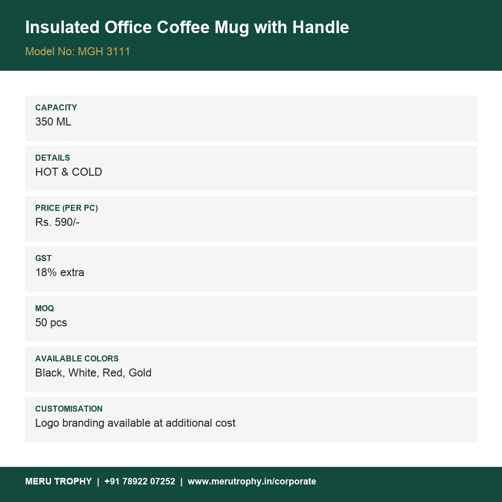 Insulated Office Coffee Mug with Handle - product detail card - Meru Trophy corporate gifting