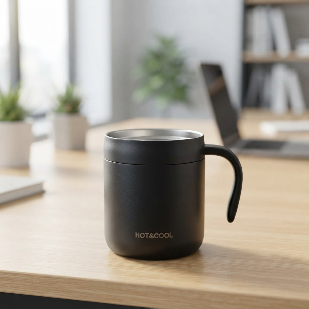 Insulated Office Coffee Mug with Handle - lifestyle shot - Meru Trophy corporate gifting