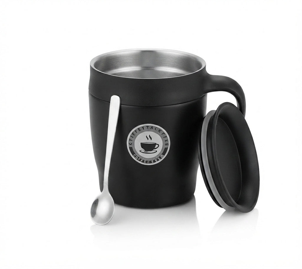 Insulated Coffee Mug with Lid and Spoon - Black - Meru Trophy corporate gifting