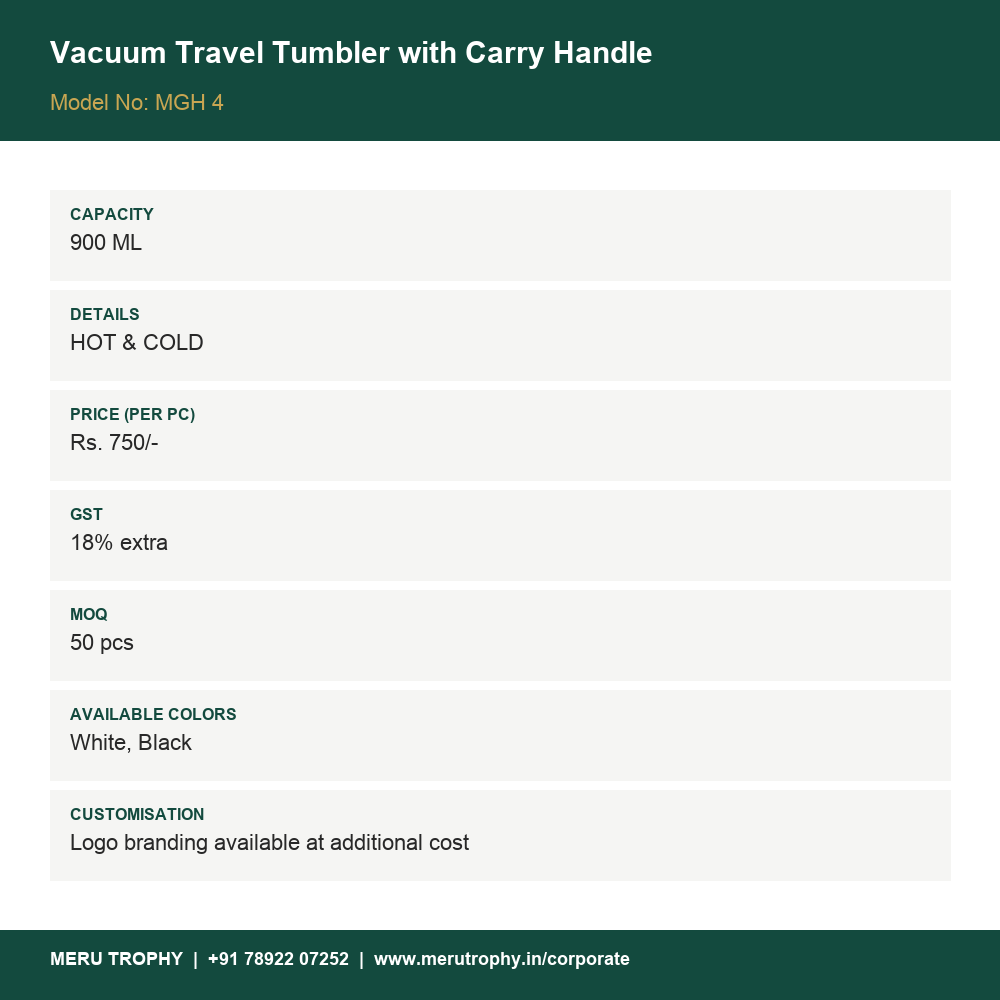Vacuum Travel Tumbler with Carry Handle - product details card - Meru Trophy corporate gifting