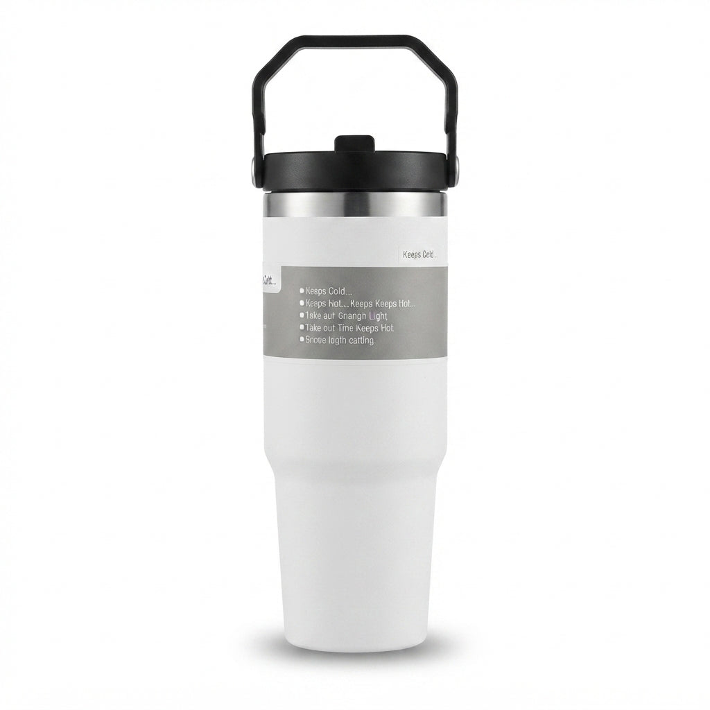 Vacuum Travel Tumbler with Carry Handle - White - Meru Trophy corporate gifting