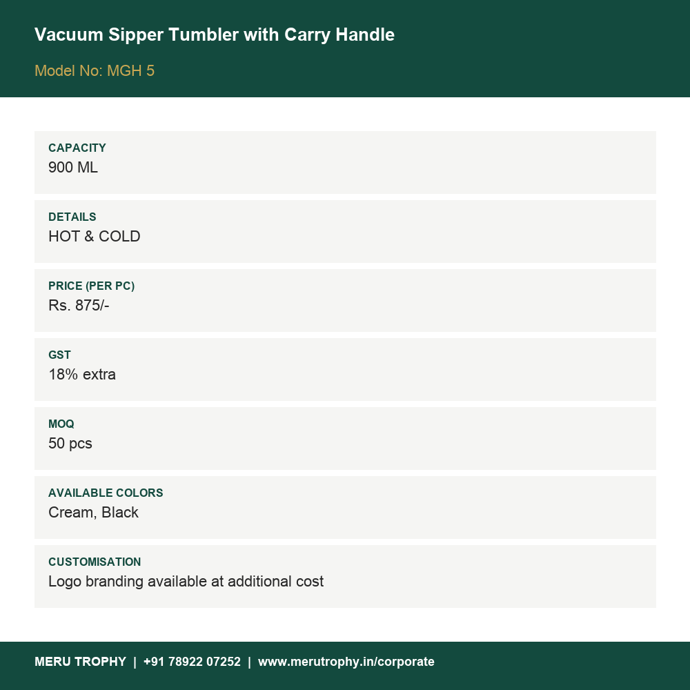 Vacuum Sipper Tumbler with Carry Handle - spec card - Meru Trophy corporate gifting