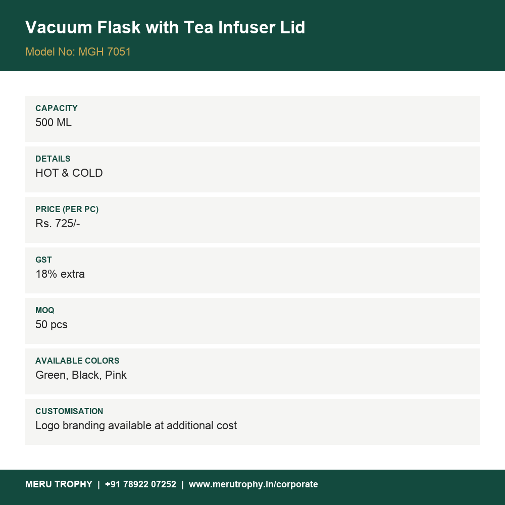 Vacuum Flask with Tea Infuser Lid - product detail card - Meru Trophy corporate gifting