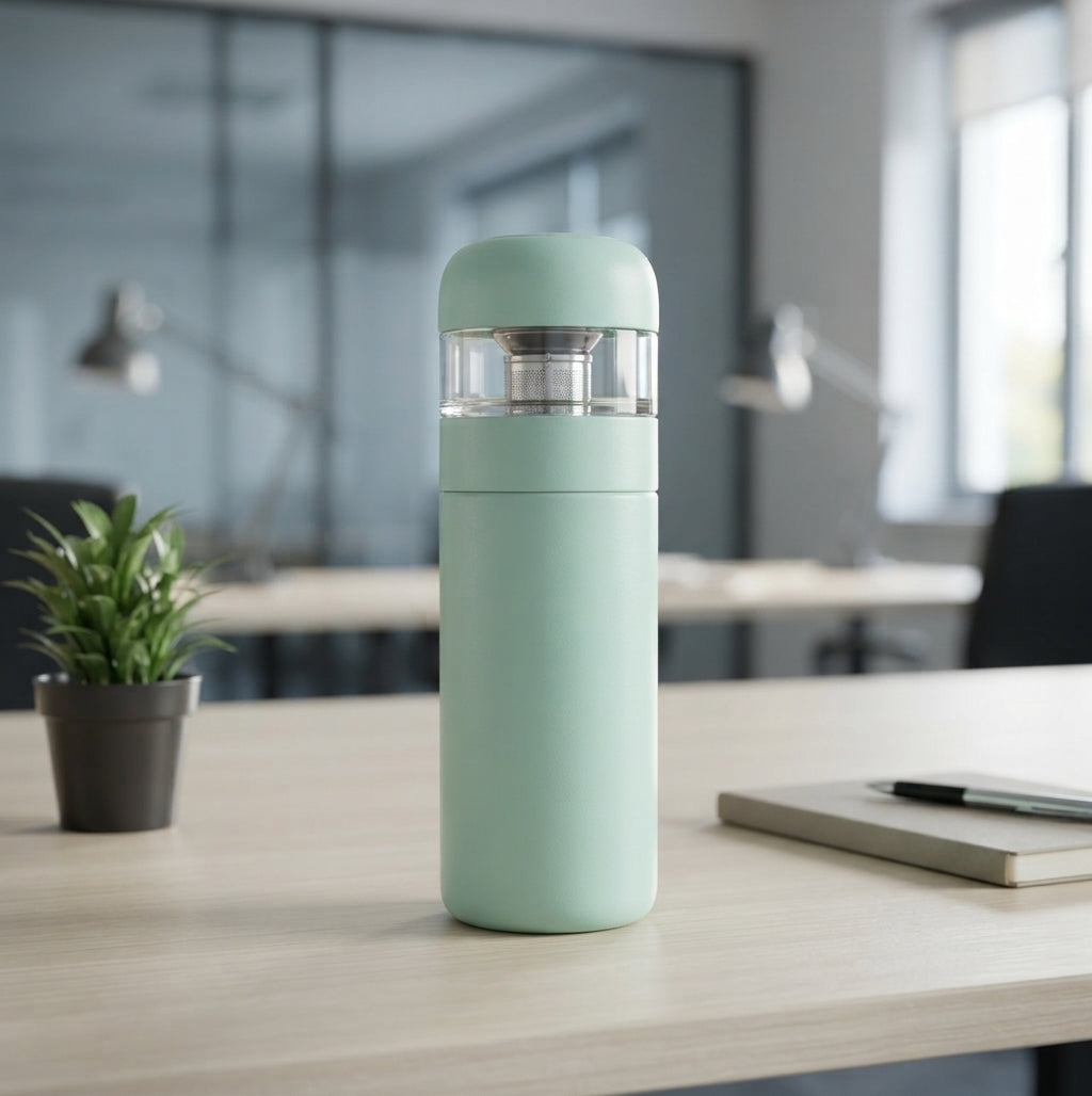 Vacuum Flask with Tea Infuser Lid - lifestyle shot - Meru Trophy corporate gifting