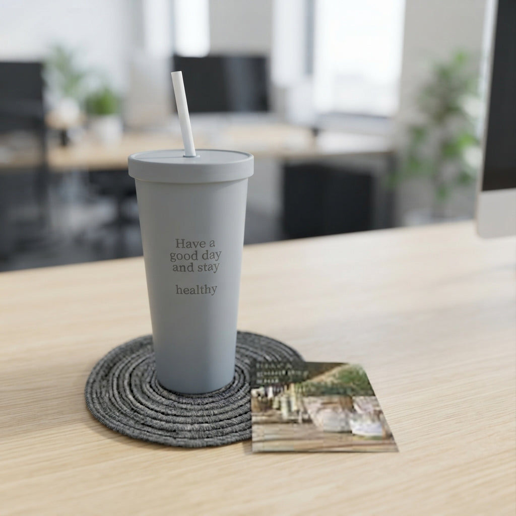 Wheat Straw Tall Tumbler with Straw - lifestyle desk shot - Meru Trophy corporate gifting