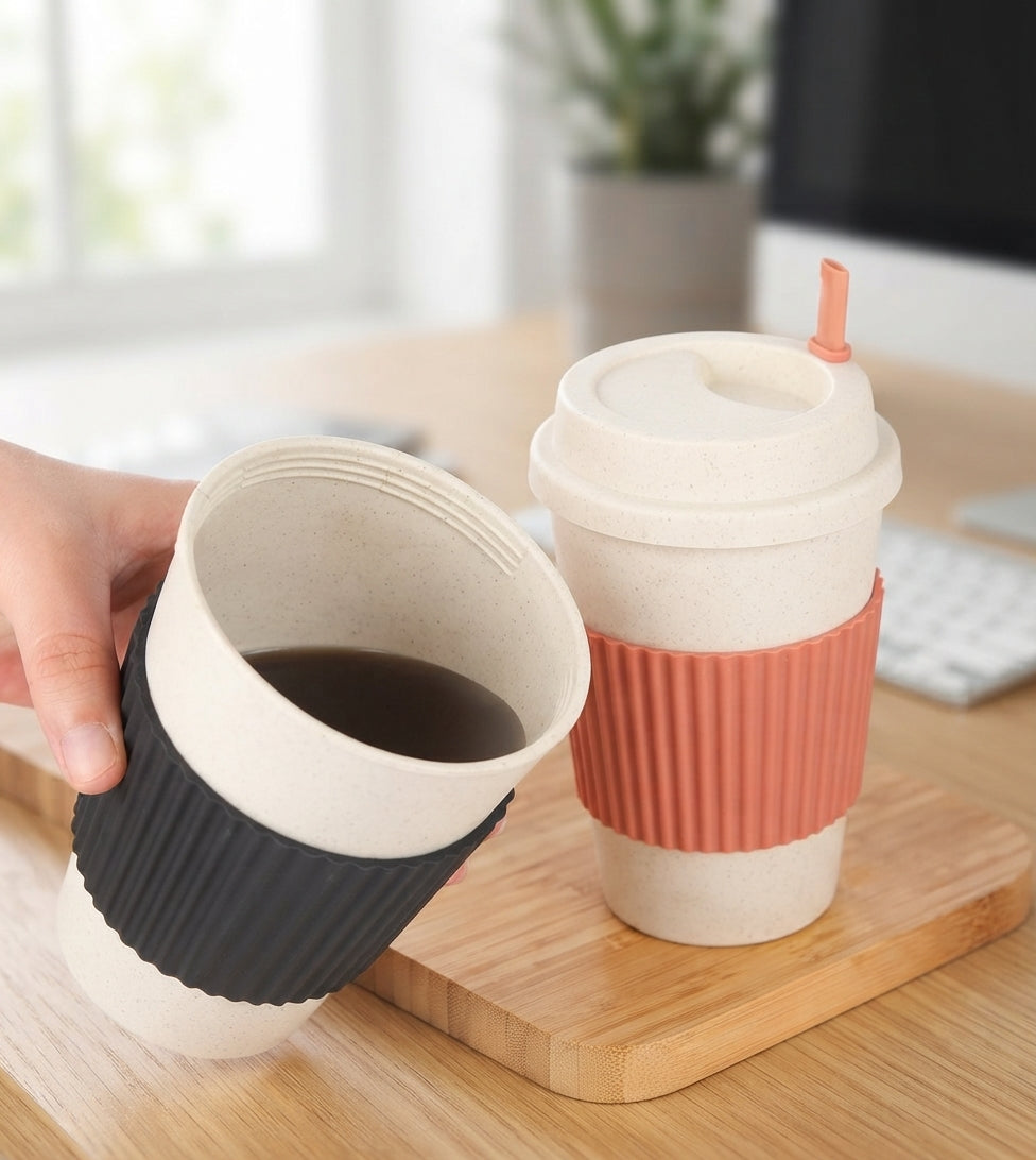 Wheat Straw Sipper Cup with Silicone Grip - lifestyle desk shot - Meru Trophy corporate gifting