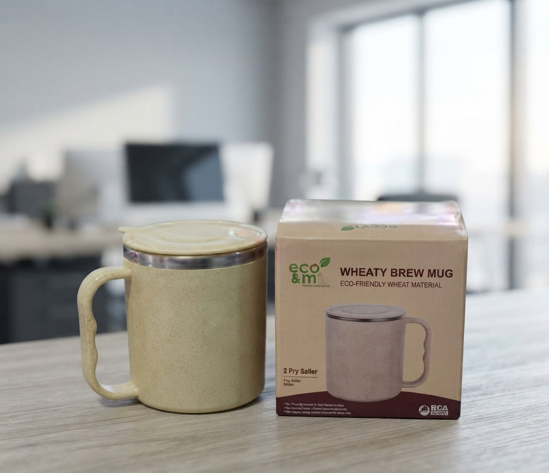 Wheat Straw Brew Mug with Lid - lifestyle desk shot - Meru Trophy corporate gifting