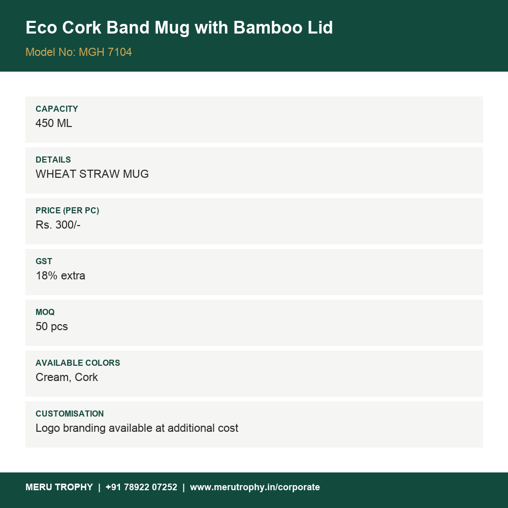 Eco Cork Band Mug with Bamboo Lid - product details card - Meru Trophy corporate gifting