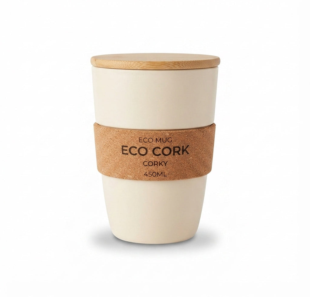 Eco Cork Band Mug with Bamboo Lid - Cream - Meru Trophy corporate gifting