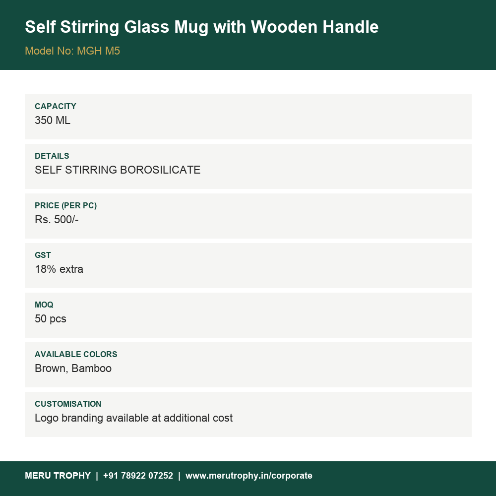 Self Stirring Glass Mug with Wooden Handle - product details card - Meru Trophy corporate gifting