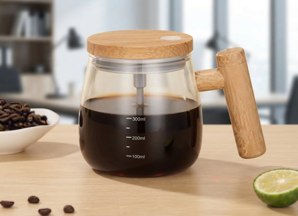 Self Stirring Glass Mug with Wooden Handle - lifestyle desk shot - Meru Trophy corporate gifting
