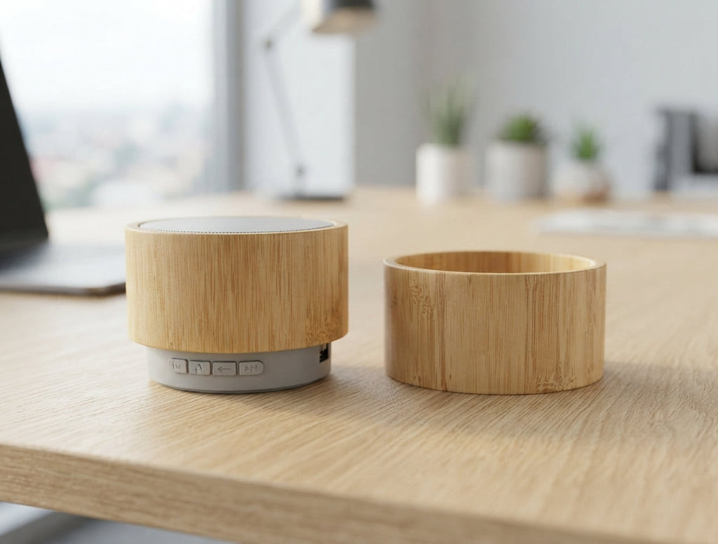 Bamboo Round Bluetooth Speaker - lifestyle desk shot - Meru Trophy corporate gifting